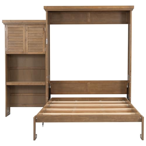 Merax Queen Size Murphy Bed with Multiple Storage Shelves,Wall Bed with Louvered Style Decoration,Wood Merax