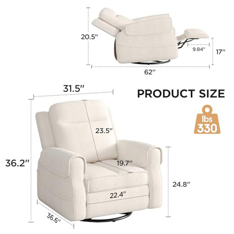 Maupvit Faux Shearling Recliner Chair - 360° Swivel Rocker with Adjustable Footrest and Backrest, Plush Upholstered Single Sofa for Small Spaces, for Living Room/Nursery/Home Theater (White) Maupvit