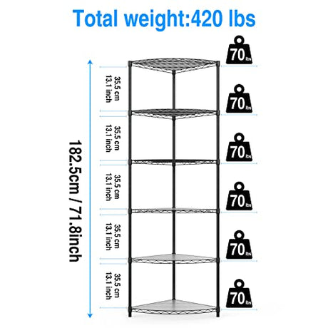 NSF 6-Tier Metal Corner Shelf Wire Shelving Unit - 420 lbs Capacity, Adjustable, with leveling feet & Waterproof Shelf Liners - Ideal for Garage, Kitchen, and More - 72" H x 18" L x 18" D - Black pouseayar