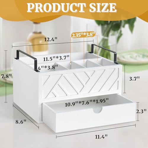 Paper Plate Dispenser with Drawer, Paper Plate Holder for Kitchen Counter, Wood Rustic Silverware Utensil Caddy, Cutlery Flatware Organizer for Cup Spoon Fork Plates Napkins, White Kitchen Accessories Zecela