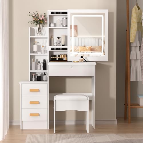 Vanity Desk with Mirror and Lights,Makeup Vanity Desk with Lights 3 Colors,Vanity with 4 Drawers,6 Shelves,Vanity Table Set with Bench for Bedroom,Dressing Table and Chair Set for Girls Women (White) leasote