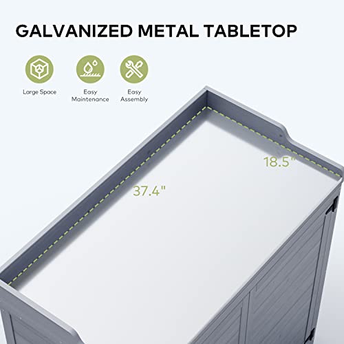 Gizoon Outdoor Potting Bench with Metal Tabletop, Outdoor Garden Patio Wooden Storage Cabinet with Adjustable Shelf, Double Doors Garden Work Bench for Backyard, Patio, Lawn - Grey Gizoon
