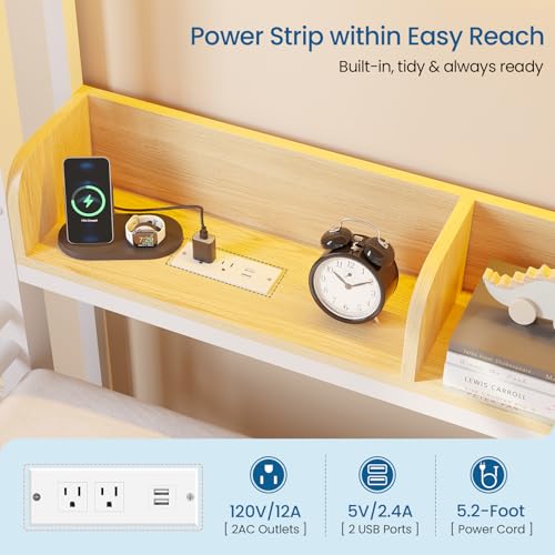 Twin Over Twin Bunk Bed with 6 Storage Drawers & 3 Boxes, Dual Side Shelves, Twin Bunk Beds for Kids with LED Lights and Charging Station, Heavy Duty Metal Bunk Bed with Safety Guardrail and Ladder mojiasion