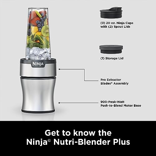 Ninja BN301 Nutri-Blender Plus Compact Personal Blender, 900-Peak-Watt Motor, Frozen Drinks, Smoothies, Sauces & More, (3) 20 oz. To-Go Cups, (2) Spout-Lids (1) Storage-Lid, Dishwasher Safe, Silver