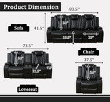 SITYRUBE Power Leather Recliner Sofa Set with LED Lights, Power Reclining Couch Set，Leather Living Room Sofa 3 Pieces with Coffee Table/Cup Holder for House/Home Theater(Black,6 Seater)
