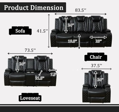 SITYRUBE Power Leather Recliner Sofa Set with LED Lights, Power Reclining Couch Set，Leather Living Room Sofa 3 Pieces with Coffee Table/Cup Holder for House/Home Theater(Black,6 Seater) SITYRUBE