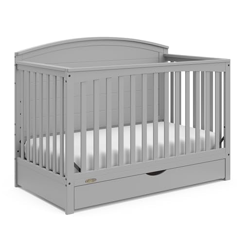 Graco Bellwood 5-in-1 Convertible Crib with Drawer (Pebble Gray) - GREENGUARD Gold Certified, Full-Size Storage Drawer, Converts to Toddler Bed and Full-Size Bed - WoodArtSupply