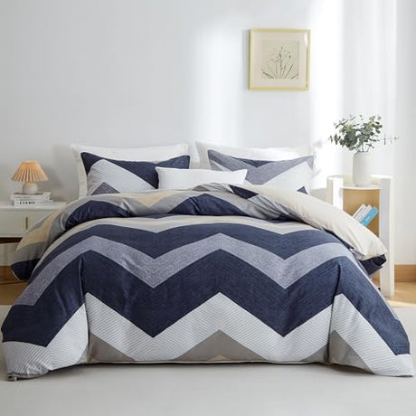 BOLINLIVING Wavy Striped Queen Duvet Cover Set, Blue Geometric Zipper Duvet Cover 104"x90" with 2 Pillow Sham 20"x36", 3 Pieces Soft Breathable Single Bedding Sets with 4 Corner Ties BOLINLIVING