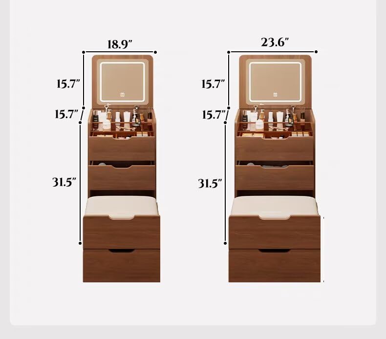 JIJIWANG 3 in 1 Vanity Desk with Plip Top Mirror,Small Make Up Vanity Set with Visible Glass Desktop,Compact Makeup Vanity with 3 Drawers,Dressing Table for Bedroom,Mother's Day(48cm,Walnut) JIJIWANG