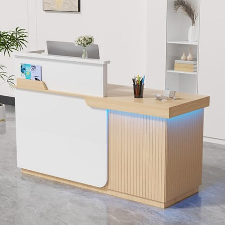 Kikihouse Modern Reception Desk with LED, 63” Fluted Front Desk with Lockable Drawer, Cabinet and Sliding Tray, Large Reception Counter Table for Office Lobby Nail Salon Clinic (Maple) Kikihouse