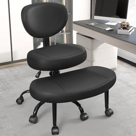 Primy Criss Cross Office Chair - ADHD Cross Legged Chair with Wheels - Adjustable Height Ergonomic Kneeling Desk Chairs for Meditation Yoga Home Office with Backrest, 360°Rotating Footrest - Black Primy