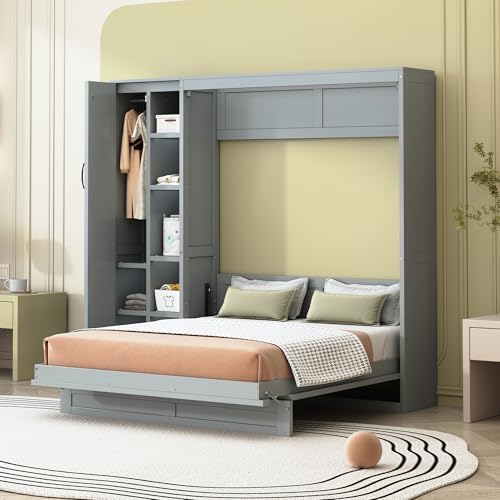 Merax Full Size Murphy Bed Wall Bed with Shelves, Drawers and LED Lights,Gray Merax