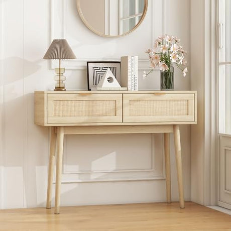 YMBSBUY Rattan Console Table with 2 Drawer, Boho Narrow Sofa Table Entryway Table, Wood Skinny Farmhouse Vanity Desk, Long Small Entry Table for Hallway, Entrance, Living Room, Bedroom, 40 inch, Oak YMBSBUY
