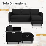 JAMFLY Couches for Living Room, 3-Seat Reversible Sectional Sofa with Convertible Ottoman, Modern Ribbed Fabric L-Shaped Couch for Small Apartment, Studio & Office, Easy Assembly, Black JAMFLY