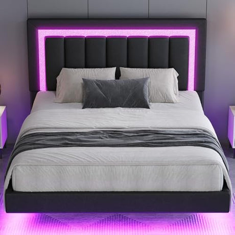 HOMBCK Floating Bed Frame Full with Smart LED Lights, Faux Leather Upholstered Bed Frame Full with Diamond Headboard, No Box Spring Needed, Noise Free, Easy Assembly, Black HOMBCK
