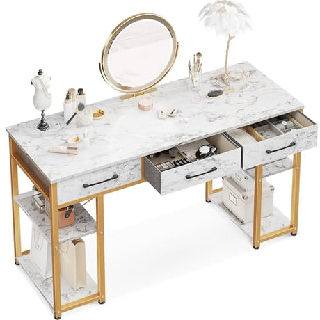 ODK Vanity Desk with Fabric Drawers & Storage Shelves, Makeup Dressing Table, Home Office Desks for Bedroom, Modern Writing Desk,White Marble and Gold Leg, 48"x16" (No Mirror) ODK