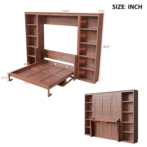 SOFTSEA Queen Murphy Bed with Desk and Storage, Wood Foldable Wall Bed Frame with Bookcase Shelves, Hidden Wall Bed Cabinet for Adult, Guest Room, Dark Brown SOFTSEA