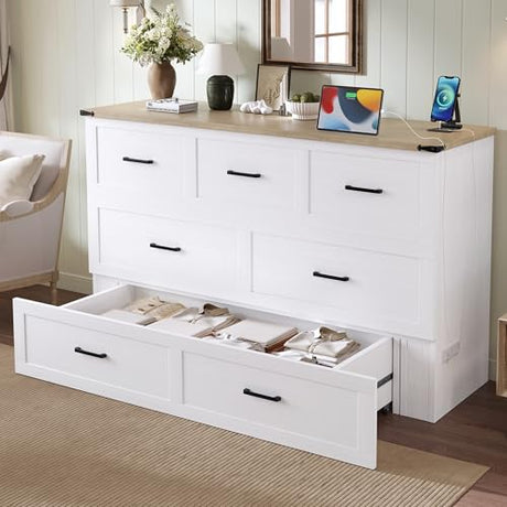 Bellemave Queen Murphy Bed, Cabinet Bed with Charging Station and 1 Large Storage Drawer, Farmhouse Murphy bedframe with Foldable Panel, Noisy Free, for Guest Bedroom, Living Room, White Bellemave