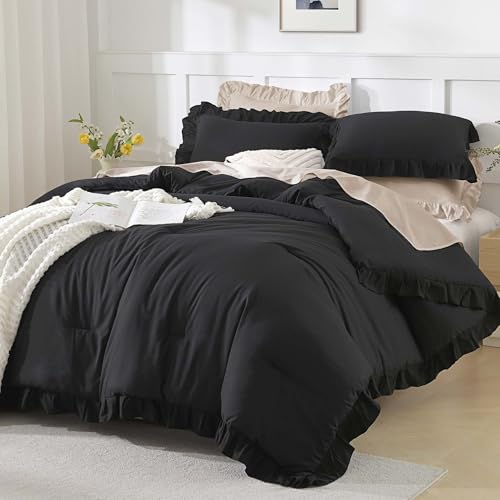 Andency Black King Size Comforter Set, 3 Pieces Farmhouse Shabby Chic Bedding Comforters & Sets, Soft Fluffy Lightweight All Season Down Alternative Bed Blanket Set Andency