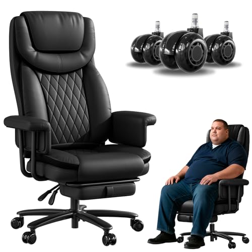 JULYMON Executive Office Chair Big and Tall 400LBS, 165° Reclining Office Chair with Footrest, Leather Desk Chair with Quiet Wheels, Height Adjustable, Padded Arms, Black JULYMON