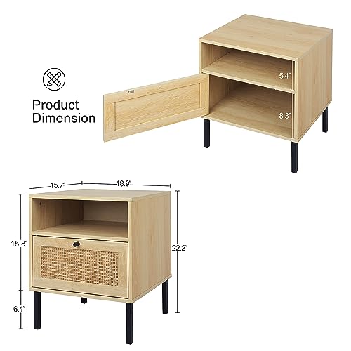 Boho Rattan Nightstands Set of 2 with Door, Open Shelf & Metal Legs Angel Sar