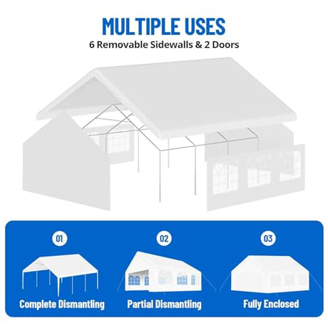 20'X20' Party Tent, Outdoor Heavy Duty Wedding Gazebo, Removable Sidewalls, Water & UV Resistant, Event Shelter Canopy Tent for Parties Carport BBQ, White & Straight Edge BouPower