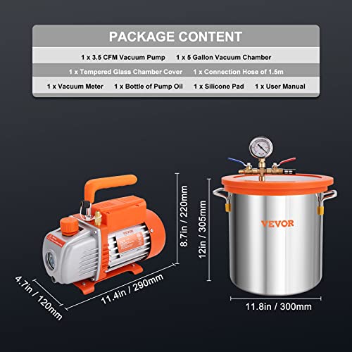 VEVOR 5 Gallon Vacuum Chamber and 3.5 CFM Pump Kit, Tempered Glass Lid Vacuum Degassing Chamber Kit, Single Stage Vacuum Pump with 250 ml Oil Bottle, for Stabilizing Wood, Degassing Silicones, Epoxies VEVOR