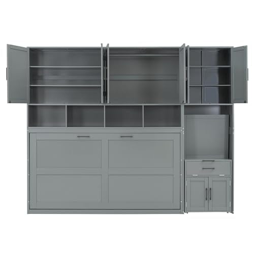 Harper & Bright Designs Twin Size Murphy Bed, Wooden Twin Wall Bed Frame with Closet, Drawers & Desk, Gray Harper & Bright Designs