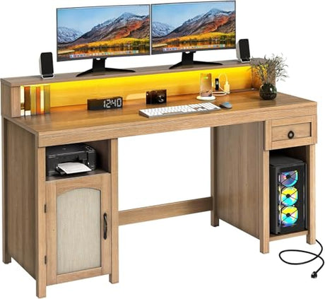 DWVO Farmhouse Office Desk with Drawer & Power Outlets, Rattan Computer Desk w/LED Strip & Monitor Stand for Bedchamber Study, Home Office Table w/Storage Cabinet for Working Writing Gaming (Oak) DWVO