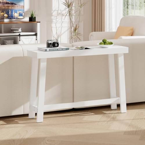 Bamboo 47.2" Narrow Console Table, Wood Farmhouse Side Table, Rectangular Entryway Table, Modern Sofa Table Behind Couch with Storage Shelves for Entrance, Living Room, Hallway, Foyer (White) Wisuce Essentials