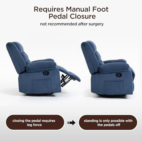 360° Swivel Rocker Recliner Chair for Adults, Nursery Manual Reclining Chair with Arms and Back, Upholstered Glider Rocking with Side Pockets for Living Room, Bedroom Nursing use, Corduroy, Blue FiveWillowise