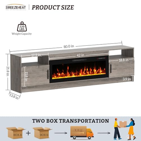 BREEZEHEAT Electric Fireplace TV Stand with 42 inch Fireplace Up to 90" TVs-Led Entertainment Center, High Glossy Doors-80 inch TV Cabinet，Modern Media Console for Living Room (Oak Grey) BREEZEHEAT