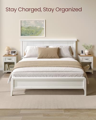 VASAGLE LIRY Collection - Farmhouse Nightstands with Charging Station, Set of 2 Bedside Tables, Side Tables with Drawer, Open Compartment, for Bedroom, Rustic White and Honey Brown ULET859K41 VASAGLE