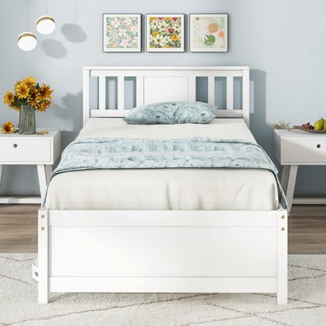 Giantex Wood Twin Bed Frames with Headboard, Mid Century Solid Wood Platform Bed with Wood Slat Support, Single Panel Bed, No Box Spring Needed, Twin Bed Frames for Kids, White Giantex