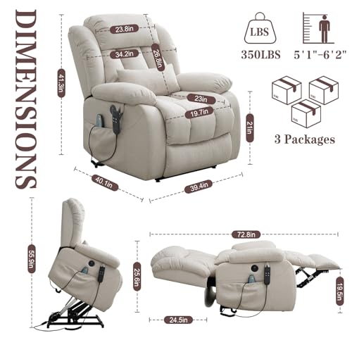 Infinite Position Lay Flat Lift Recliner Chair for Adults, Dual Motor Power Lift Chair for Elderly with Massage & Heating, USB Ports, Remote Control & Lumbar Pillow, Linen Fabric (Ivory)