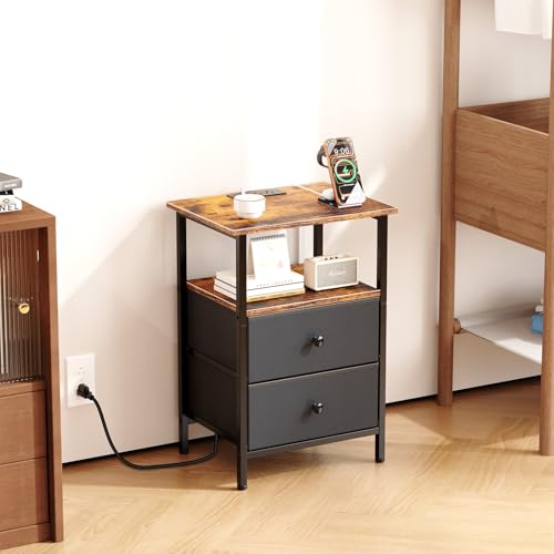 Smoproper Nightstand with Charging Station, Bedside End Table with 2 Fabric Drawers for Bedroom, Side Table with USB Ports and Outlets (Brown Black) Smoproper