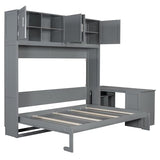 Merax Queen Size Wall Murphy Bed with Desk and Storage Shelves and Big Cabinets for Guest Room, Bed Room, Guest Room, Home Office, Gray Merax