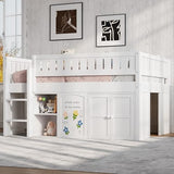 Harper & Bright Designs Low Loft Bed Full Size with Storage, Solid Wood Loft Bed with Cabinet and Chalkboard Panel, Multiple Functions Loft Bed Frame for Kids Teens Adults, White Harper & Bright Designs