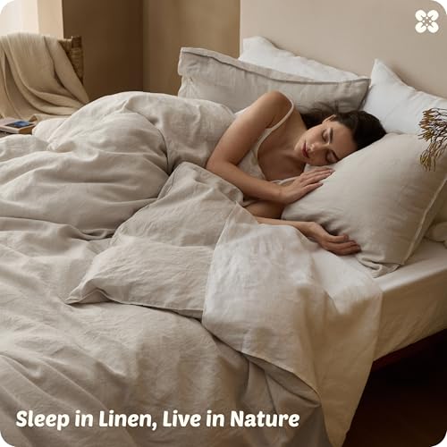 Bedsure 100% Linen Duvet Cover Queen Size, Washed 170 GMS European Flax-Linen, Soft 3pcs Bedding Set with Button Closure for Farmhouse, Natural Texture, Breathable for Hot Sleeper, Linen, Queen Bedsure