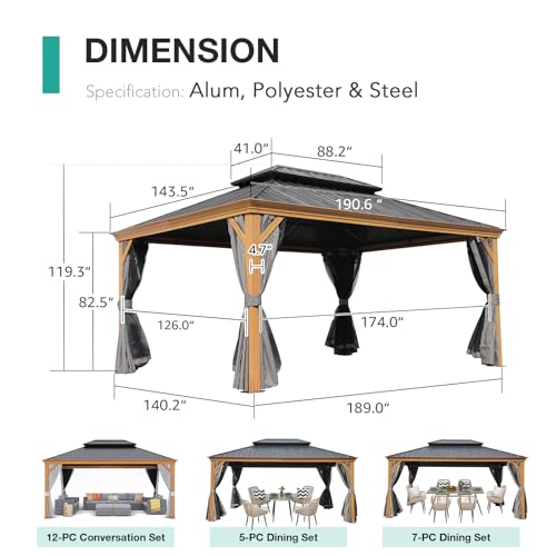 Patiorama 12’ x 16’ Hardtop Gazebo, Outdoor Wood Grain Frame Aluminum Gazebo with Galvanized Steel Double Vented Roof Canopy, W/Shaded Curtains and Netting, Pergola for Patio, Yard, Garden (G - WoodArtSupply