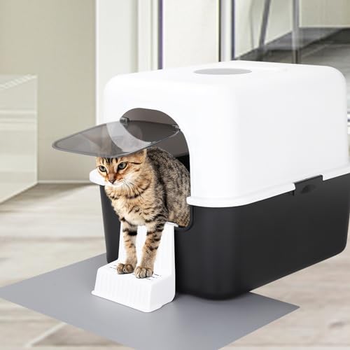 Sfozstra Cat Litter Box with Lid, Fully Enclosed Splash-Proof and Leak-Proof Urine High Edge and Odorless Cat Litter Box, Easy to Installation and Clean (Black with Pedal(S)) Sfozstra