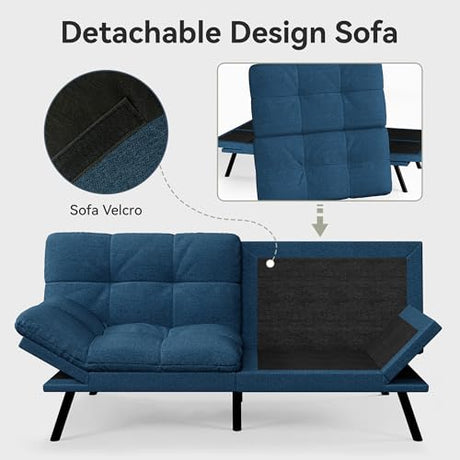 AMICLIBER Convertible Futon Sofa Bed,Blue Linen Modern Futon Couch,Memory Foam Loveseat Sleeper Recliner,Detachable Cushion,Adjustable Backrest & Armrest,Couches for Living Room,Office,Apartment AMICLIBER