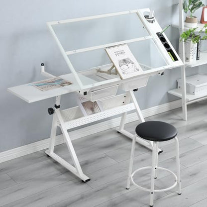 BAOMKONG Drafting Table and Stool Set, Tempered Glass Drawing Table with Adjustable Tabletop and Height Art Table for Artist Painters Home Office, White