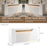 Modern Reception Desk with LED Lights & Built-in Outlets, 63” L-Shaped Front Desk with Slatted Grille Design,White Checkout Counter for Salon, Retail Store, Office, Dimmable Switch Laxodor