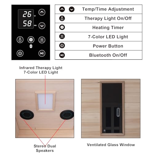 1-Person Far Infrared Sauna with Red Light Therapy – Compact Canadian Hemlock Wood Indoor Home Spa, 4 Fast Heating Panels (1000W 110V), Bluetooth, 7-Color LED & Timer – 65.4" Tall (Fits Small Spaces) DCCSONA
