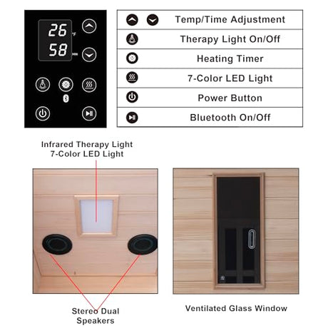 1-Person Far Infrared Sauna with Red Light Therapy – Compact Canadian Hemlock Wood Indoor Home Spa, 4 Fast Heating Panels (1000W 110V), Bluetooth, 7-Color LED & Timer – 65.4" Tall (Fits Small Spaces) DCCSONA