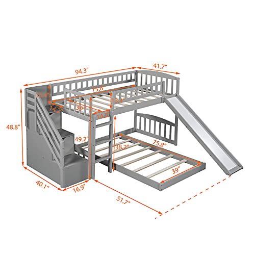 Twin over Twin Low Bunk Bed Frame with Slide and Storage Drawers for Kids - Grey - WoodArtSupply