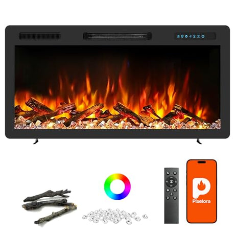 Pixelora Electric Fireplace Inserts Modernos - Wall Fireplace With App/Remote/Touch Control & Child Lock, 750w/1500w Heater 7 Flame Speed/Brightness, 12 Colors And 5 Realistic Fire Sound For Bedrooms Pixelora