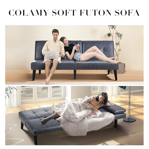 COLAMY Futon Sofa Bed-Leather Small Futon Couch, Futon Lounge Sofa, Futon Convertible with Cup Holder, Removable Armrest, Adjustable Backrest Darkgrey - WoodArtSupply