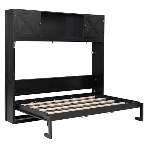 Harper & Bright Designs Full Size Murphy Bed, Wood Hidden Foldable Wall Bed Frame with Storage Cabinet for Bedroom, Office, Space-Saving, Black Harper & Bright Designs